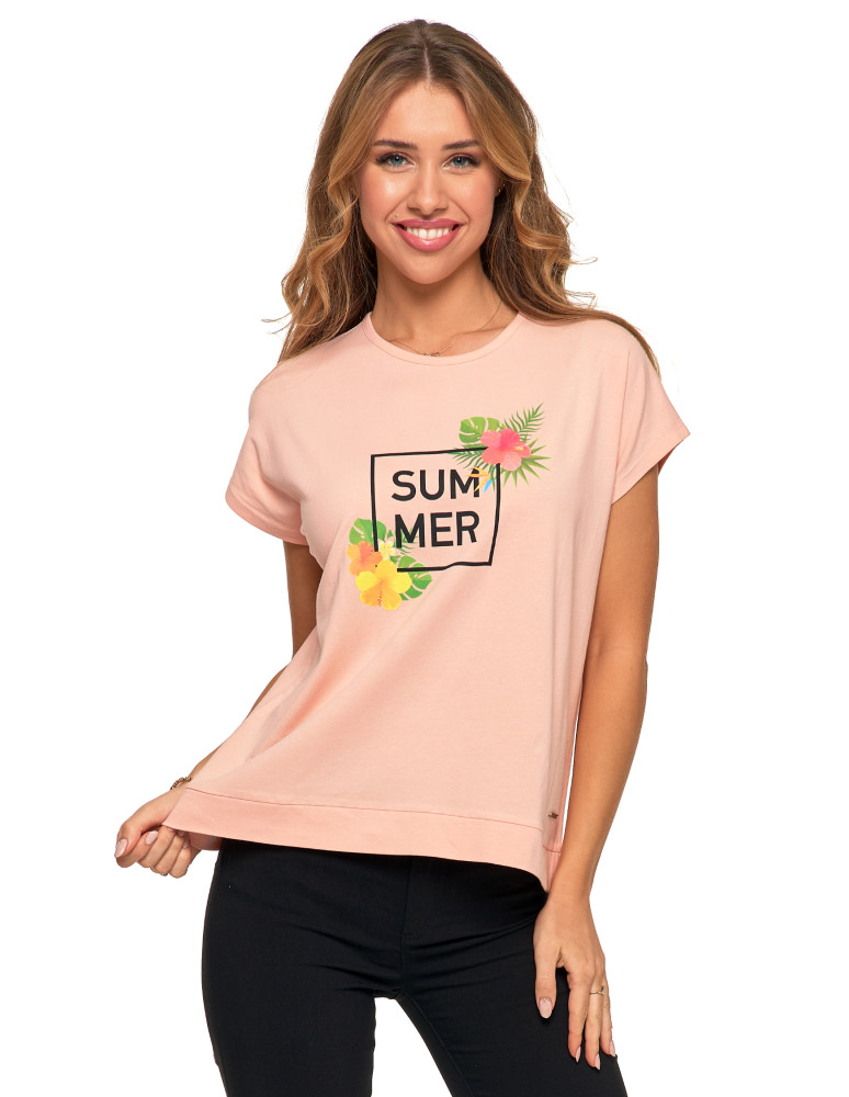 Koszulki i topy - Koszulka damska T-shirt luźny wakacyjny nadruk KORALOWY - produkt moraj.pl 5