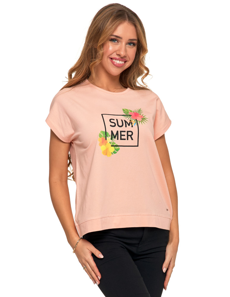 Koszulki i topy - Koszulka damska T-shirt luźny wakacyjny nadruk KORALOWY - produkt moraj.pl 6