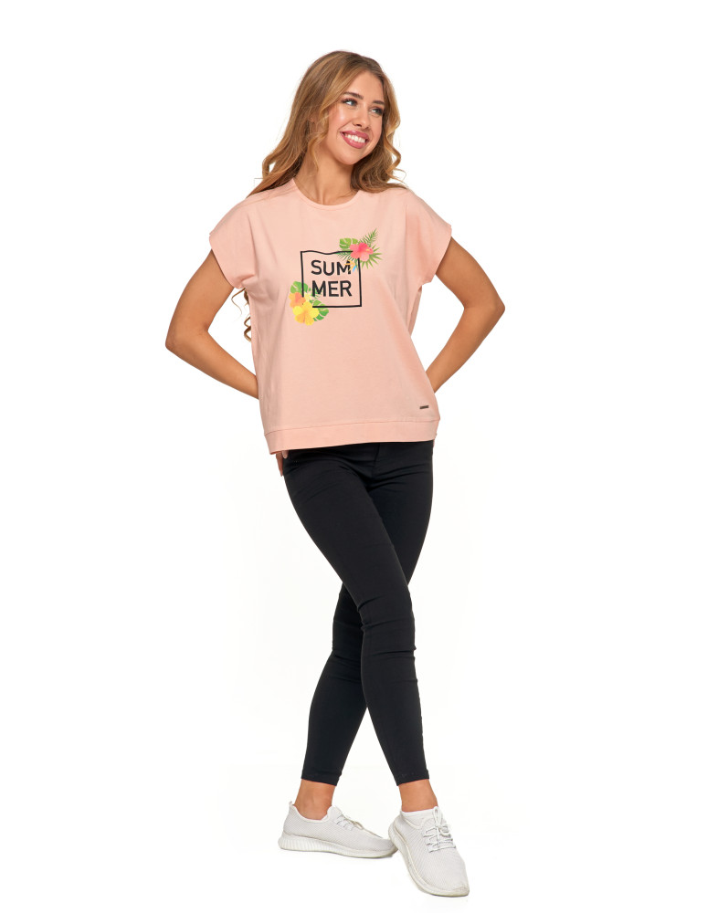 Koszulki i topy - Koszulka damska T-shirt luźny wakacyjny nadruk KORALOWY - produkt moraj.pl 7