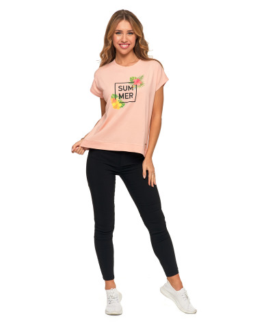 Koszulki i topy - Koszulka damska T-shirt luźny wakacyjny nadruk KORALOWY - produkt 9