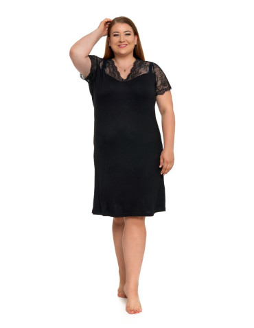 Krótki rękaw - Koszula nocna damska wiskozowa czarna z koronką Plus Size CZARNY - produkt 4