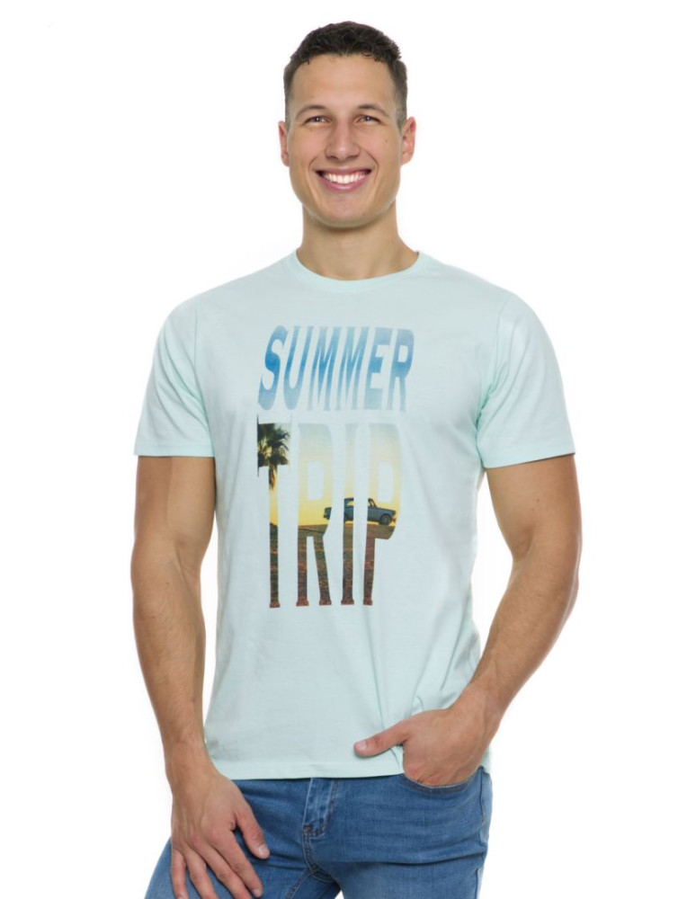Koszulki, topy, koszule - Koszulka męska T-shirt bawełniany wakacyjny motyw JASNY NIEBIESKI - produkt moraj.pl 1