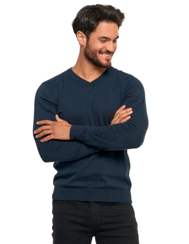 Swetry męskie - Klasyczny sweter męski bawełniany o prostym kroju GRANATOWY - produkt 25