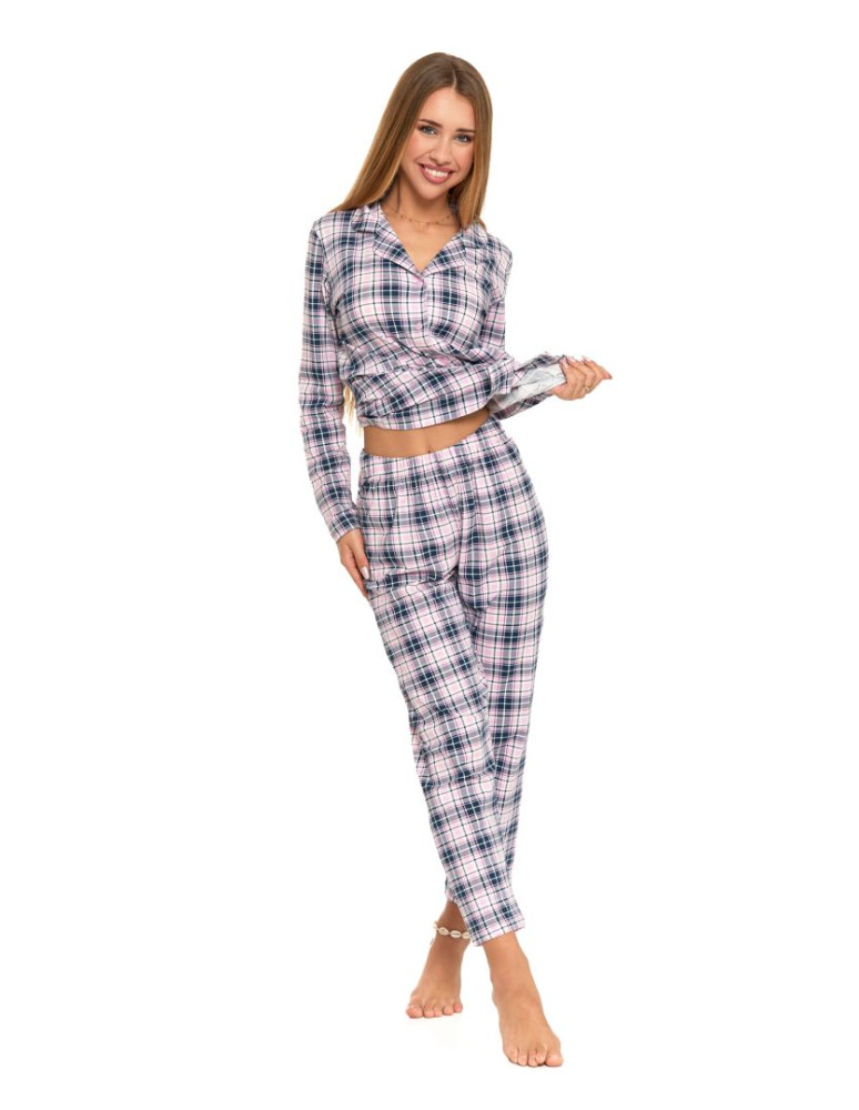 Długi rękaw - Piżama damska z długim rękawem bawełniana rozpinana w kratkę RÓŻOWY - produkt moraj.pl 7