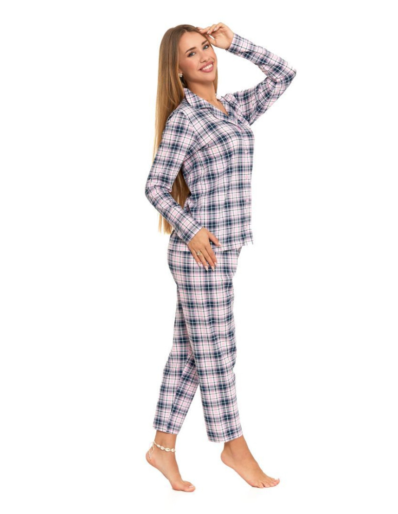 Długi rękaw - Piżama damska z długim rękawem bawełniana rozpinana w kratkę RÓŻOWY - produkt moraj.pl 9