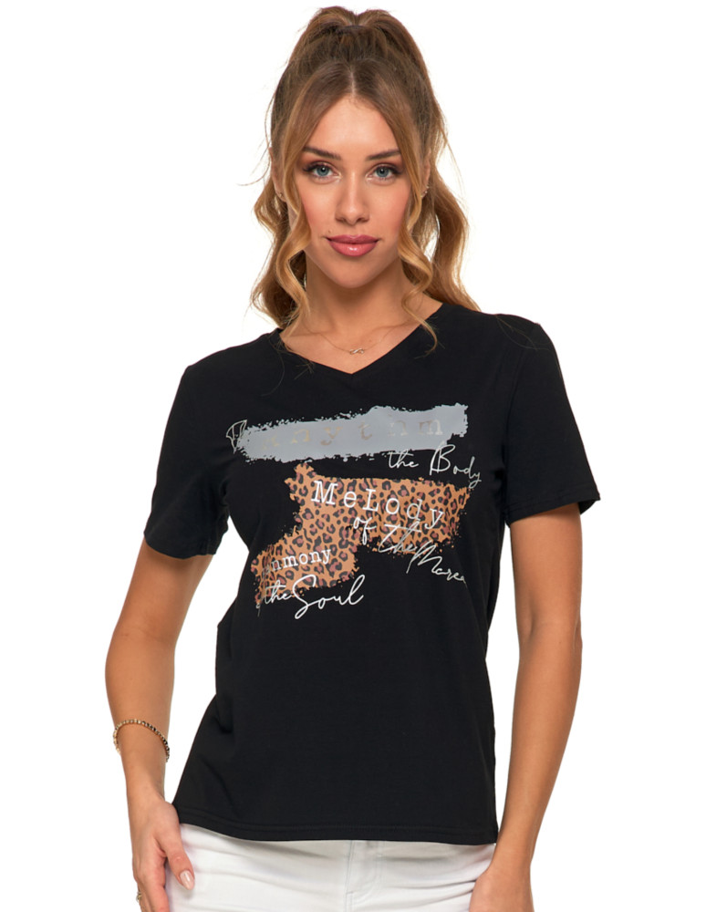 Koszulki i topy - Koszulka damska T-shirt z dekoltem V i nadrukiem w panterkę CZARNY - produkt moraj.pl 1