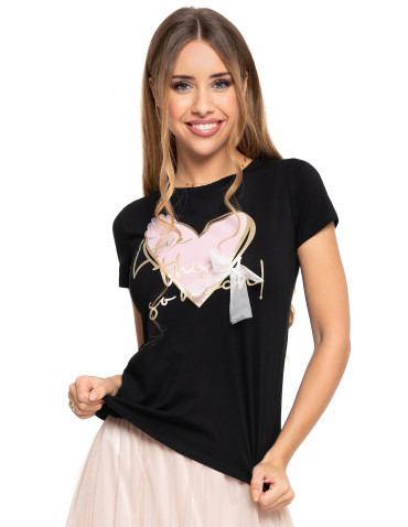 Koszulki i T-shirty - Koszulka damska T-shirt ze złotym sercem i kokardką Slimfit CZARNY - produkt 1