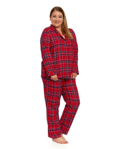 Długi rękaw - Piżama damska rozpinana długa bawełniana w kratkę Plus Size CZERWONY - produkt 1