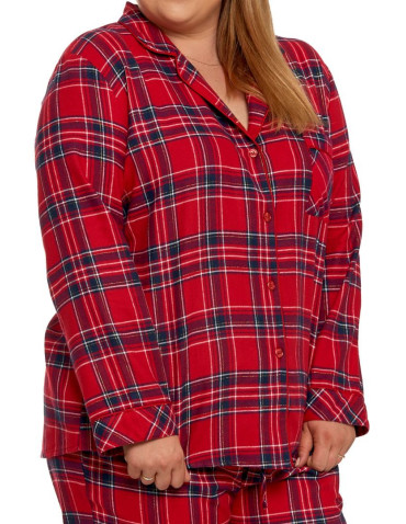 Długi rękaw - Piżama damska rozpinana długa bawełniana w kratkę Plus Size CZERWONY - produkt 4