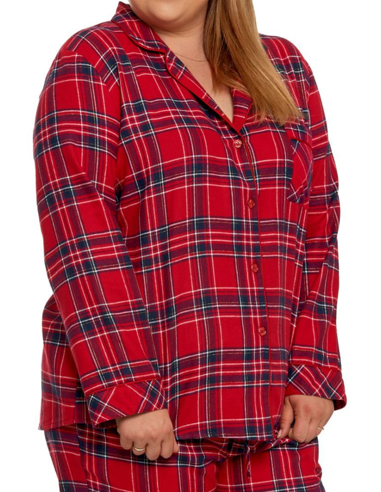 Długi rękaw - Piżama damska rozpinana długa bawełniana w kratkę Plus Size CZERWONY - produkt moraj.pl 4