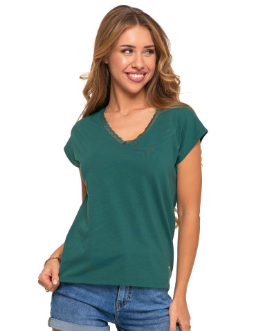 Koszulki i topy - Koszulka damska T-shirt oversize z dekoltem w serek KHAKI - produkt 1
