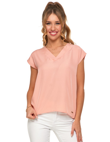 Bluzki i koszule - Bluzka damska o prostym kroju z dekoltem w serek RÓŻOWY - produkt 1