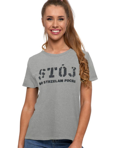 Koszulki i topy - T-shirt damski stój bo strzelam focha JASNY SZARY - produkt 1