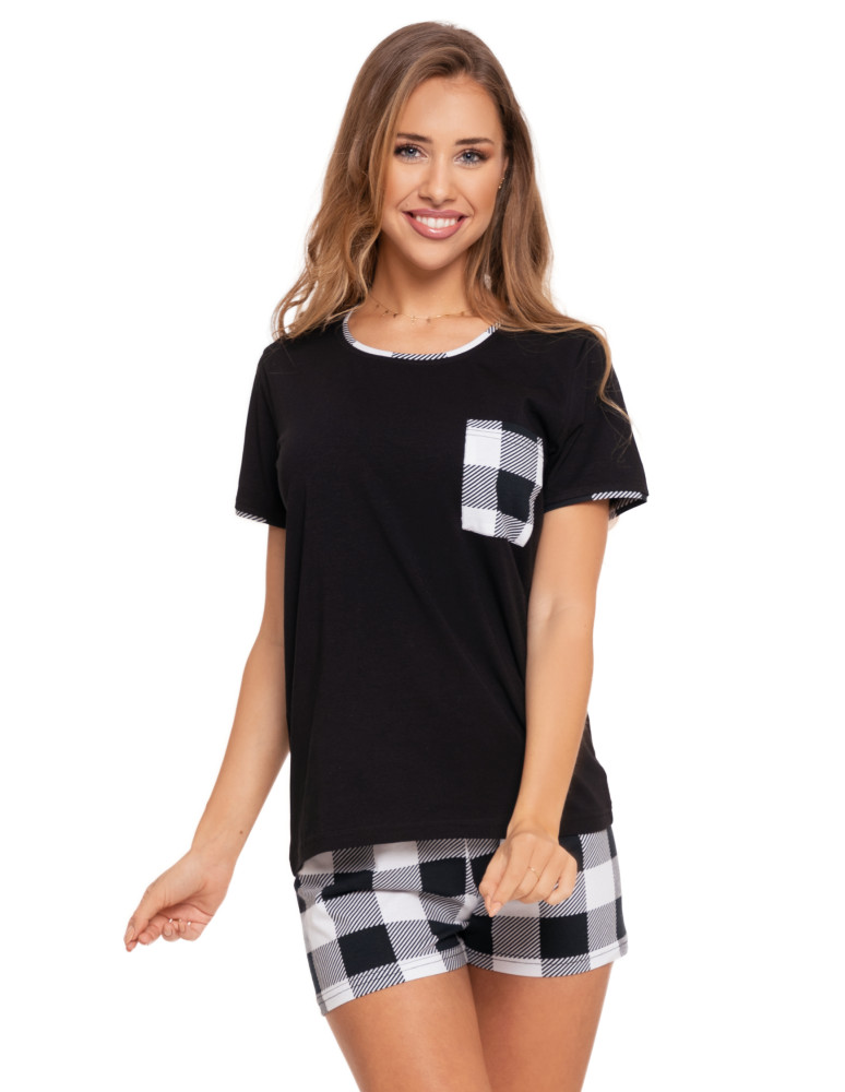 Piżama damska bawełniana z krótkim rękawem w kratkę CZARNY