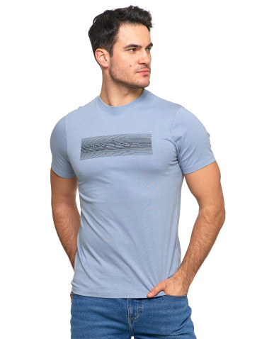 Koszulki, topy, koszule - Koszulka męska bawełniana T-shirt z nadrukiem gór paski NIEBIESKI - produkt 3