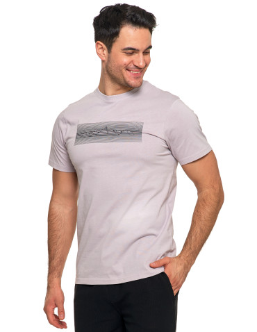 Koszulki, topy, koszule - Koszulka męska bawełniana T-shirt z nadrukiem gór paski SZARY - produkt 1