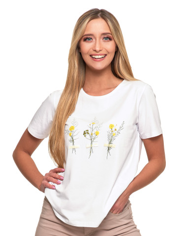 Koszulki i topy - Koszulka damska krótki rękaw bawełniana wzór kwiaty T-shirt BIAŁY - produkt 1