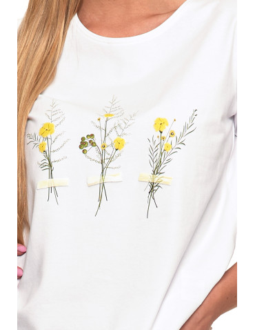 Koszulki i topy - Koszulka damska krótki rękaw bawełniana wzór kwiaty T-shirt BIAŁY - produkt 4