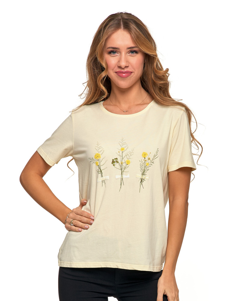 Koszulki i topy - Koszulka damska krótki rękaw bawełniana wzór kwiaty T-shirt ŻÓŁTY - produkt moraj.pl 1