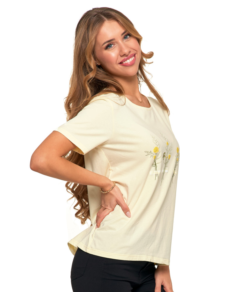 Koszulki i topy - Koszulka damska krótki rękaw bawełniana wzór kwiaty T-shirt ŻÓŁTY - produkt moraj.pl 2
