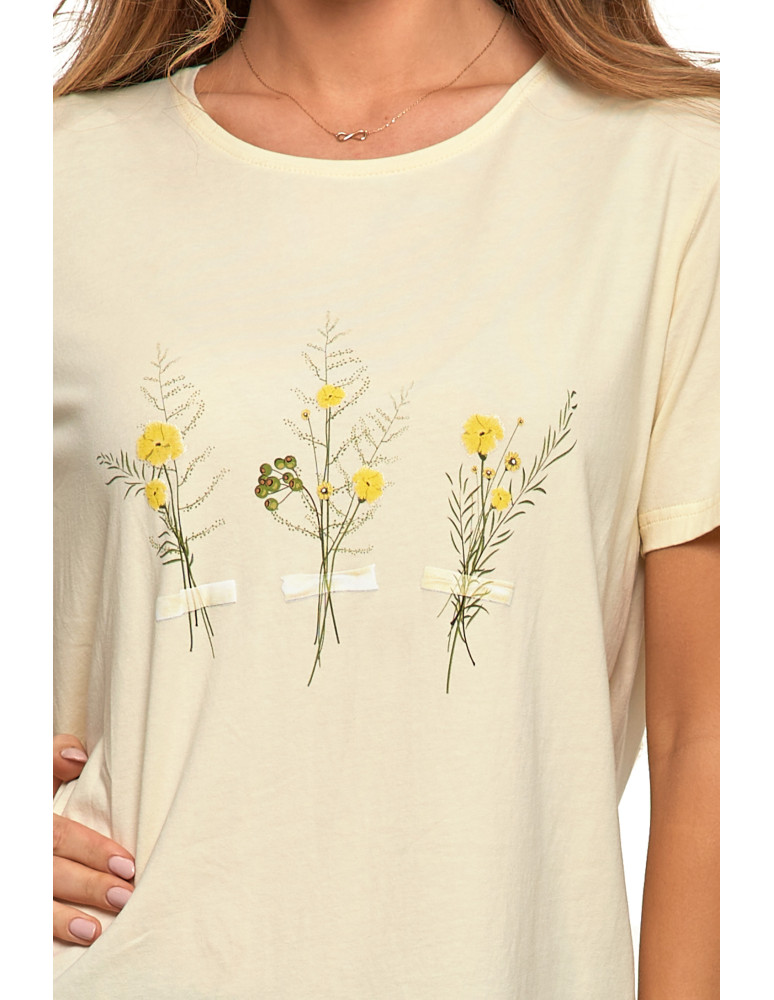 Koszulki i topy - Koszulka damska krótki rękaw bawełniana wzór kwiaty T-shirt ŻÓŁTY - produkt moraj.pl 3