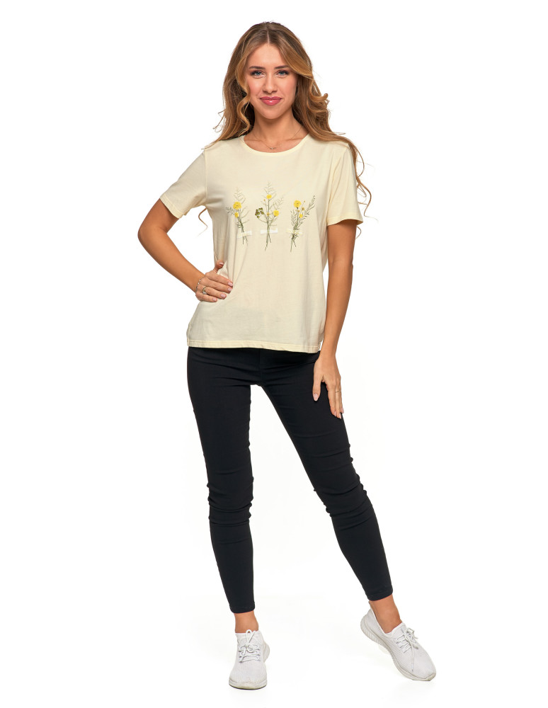 Koszulki i topy - Koszulka damska krótki rękaw bawełniana wzór kwiaty T-shirt ŻÓŁTY - produkt moraj.pl 5