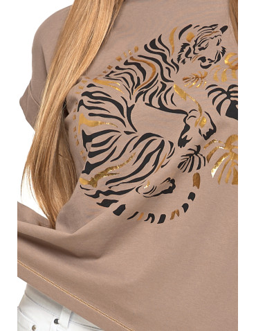 Koszulki i topy - Koszulka damska luźna T-shirt z nadrukiem tygrysa BEŻOWY - produkt 3
