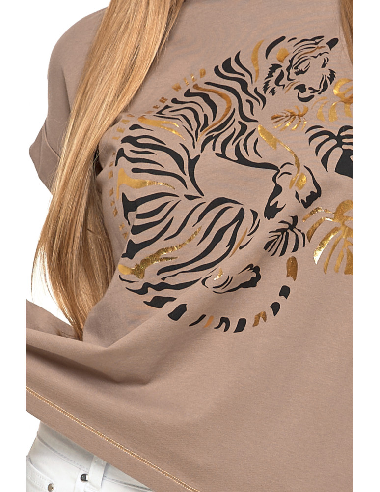 Koszulki i topy - Koszulka damska luźna T-shirt z nadrukiem tygrysa BEŻOWY - produkt moraj.pl 3