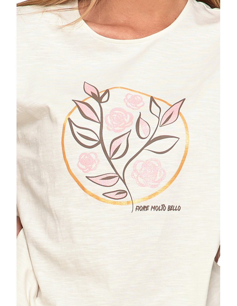 Koszulki i topy - Koszulka damska T-shirt w kwiaty krótki rękaw KREMOWY - produkt moraj.pl 2