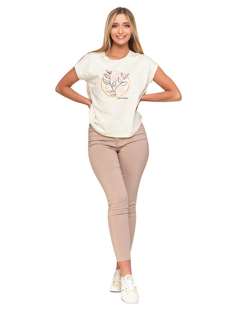 Koszulki i topy - Koszulka damska T-shirt w kwiaty krótki rękaw KREMOWY - produkt moraj.pl 7