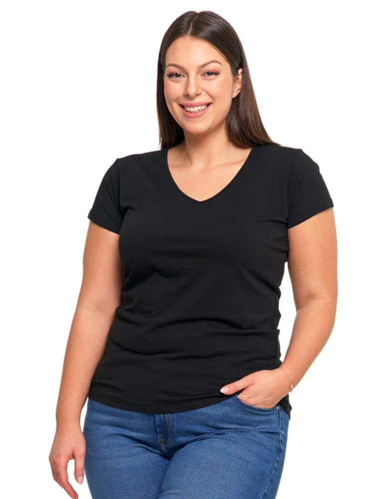 T-shirt damski bawełniany z dekoltem V Plus Size CZARNY