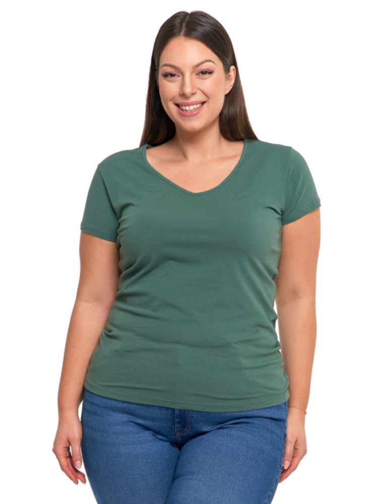 T-shirt damski bawełniany z dekoltem V Plus Size KHAKI