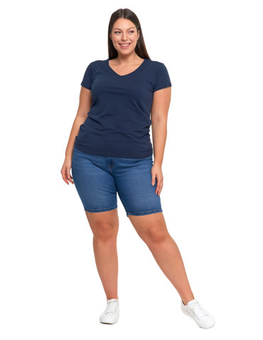 Koszulki i topy - T-shirt damski bawełniany z dekoltem V Plus Size GRANATOWY - produkt 36