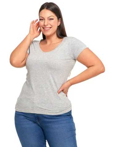 T-shirt damski bawełniany z dekoltem V Plus Size - JASNY SZARY