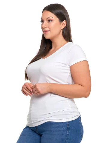 T-shirt damski bawełniany z dekoltem V Plus Size - BIAŁY - produkt 2
