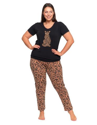 Krótki rękaw - Damska piżama bawełniana Plus Size z motywem zwierzęcym CZARNY - produkt 1