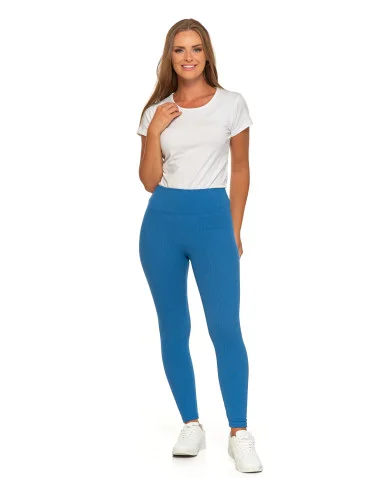 Legginsy damskie w prążek z wysokim stanem - NIEBIESKI