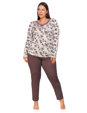 Długi rękaw - Damska piżama długa Plus Size z kwiatową bluzką BEŻOWY - produkt 1