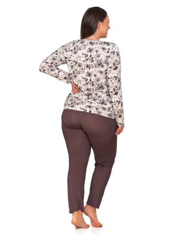 Długi rękaw - Damska piżama długa Plus Size z kwiatową bluzką BEŻOWY - produkt 2