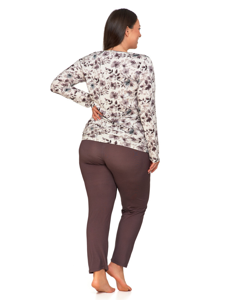 Długi rękaw - Damska piżama długa Plus Size z kwiatową bluzką BEŻOWY - produkt moraj.pl 2