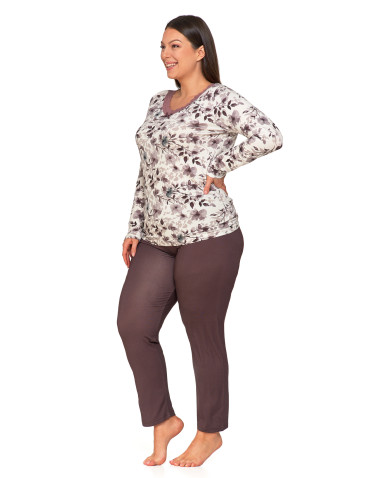 Długi rękaw - Damska piżama długa Plus Size z kwiatową bluzką BEŻOWY - produkt 4