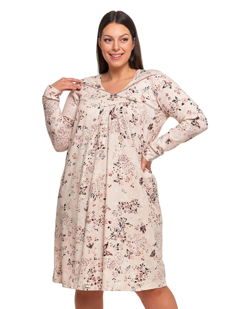 Koszule nocne - Damska koszula nocna Plus Size w kwiatowy wzór BEŻOWY - produkt moraj.pl 2
