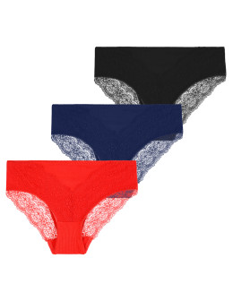 Damskie majtki figi bawełniane prążkowane z koronką 3-pak