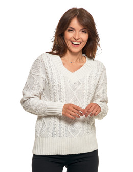 Damski sweter z warkoczowym splotem i dekoltem w serek