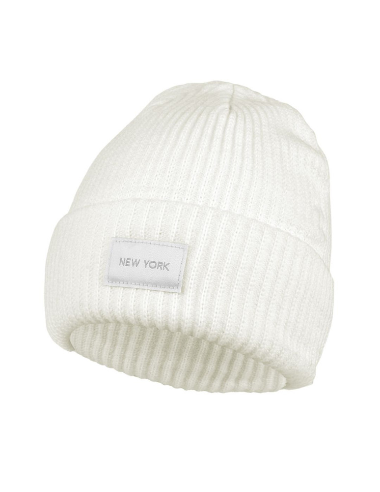 Czapka damska typu beanie z naszywką new york BIAŁY