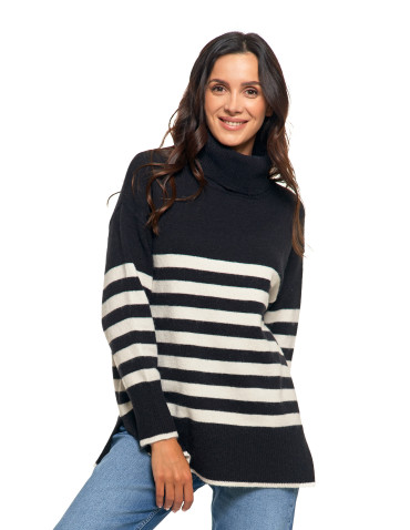 Swetry - Sweter damski w paski z golfem o luźnym kroju CZARNY - produkt 1