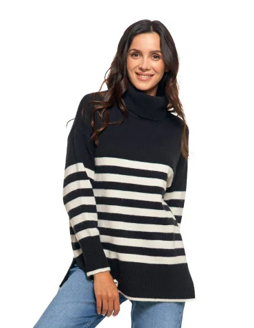 Sweter damski w paski z golfem o luźnym kroju - CZARNY