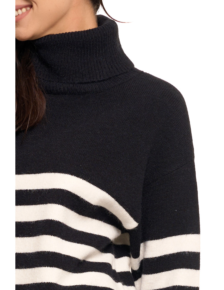 Swetry - Sweter damski w paski z golfem o luźnym kroju CZARNY - produkt moraj.pl 3