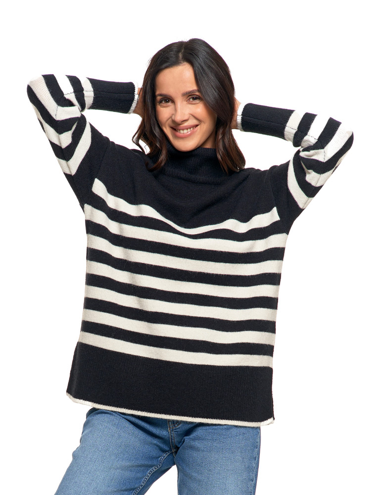 Swetry - Sweter damski w paski z golfem o luźnym kroju CZARNY - produkt moraj.pl 5