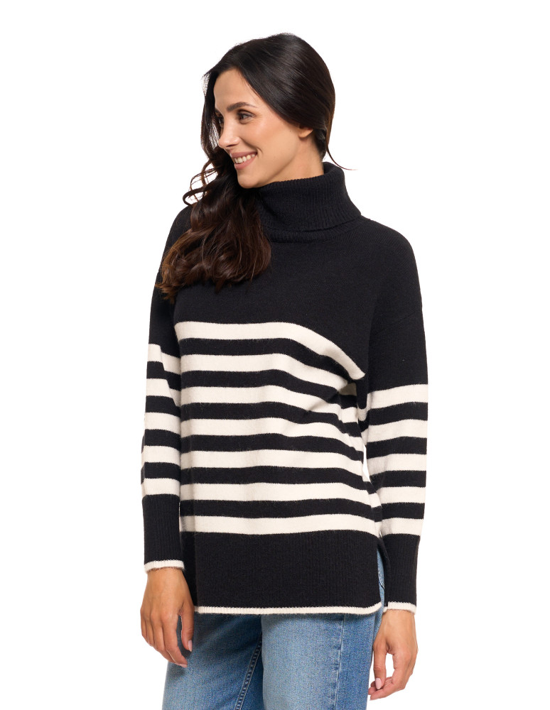 Swetry - Sweter damski w paski z golfem o luźnym kroju CZARNY - produkt moraj.pl 6